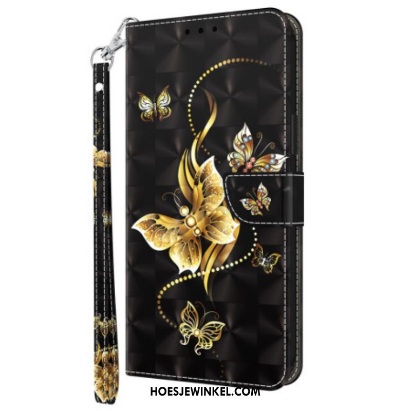 Folio-hoesje voor Samsung Galaxy S23 5G Met Ketting Vlinders Gouden Riem