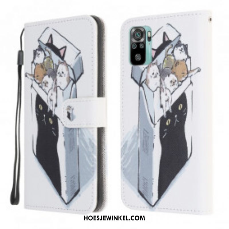 Folio-hoesje voor Xiaomi Redmi Note 10 / 10S Met Ketting Levering Katten Met Strings