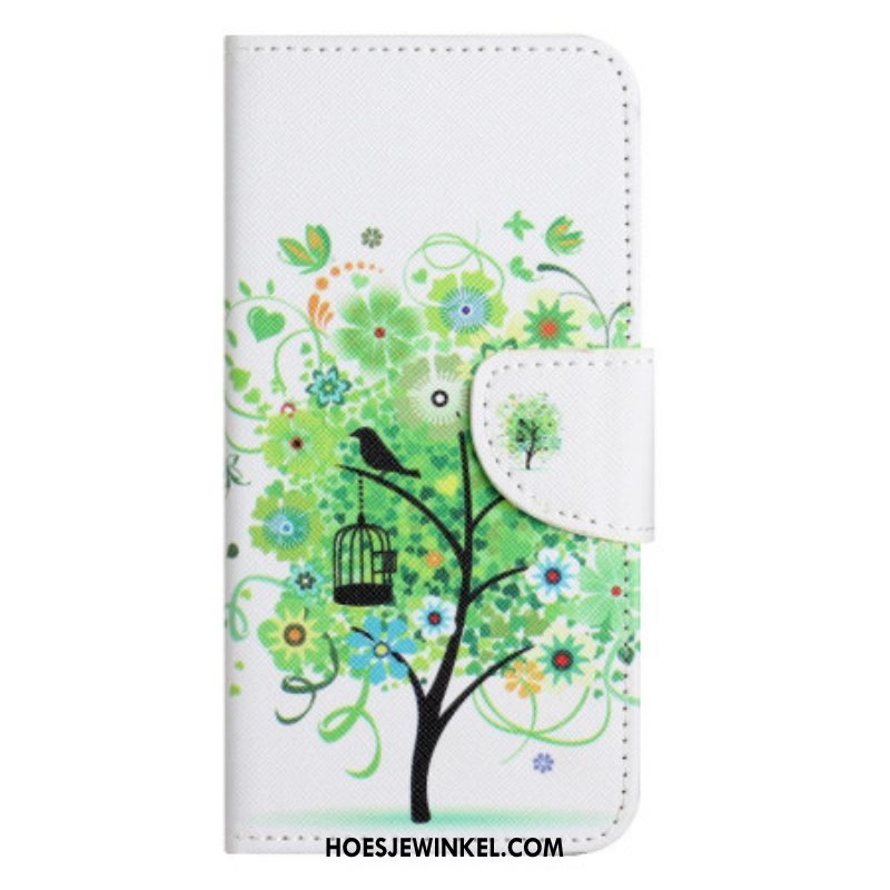 Folio-hoesje voor Xiaomi Redmi Note 12 5G Met Ketting Groene Gebladerte Riem Boom