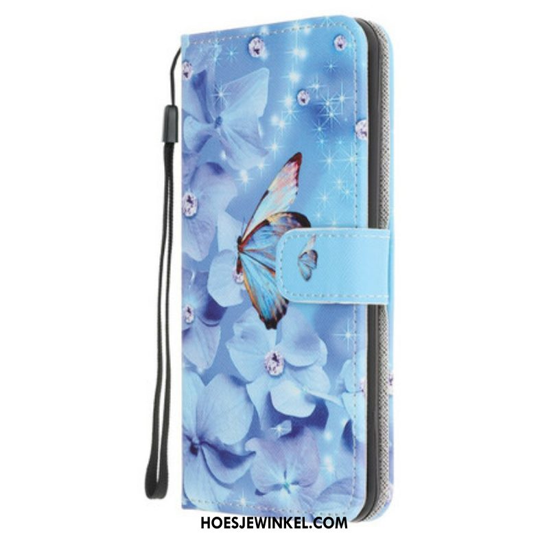 Folio-hoesje voor iPhone 13 Pro Met Ketting Strappy Diamanten Vlinders