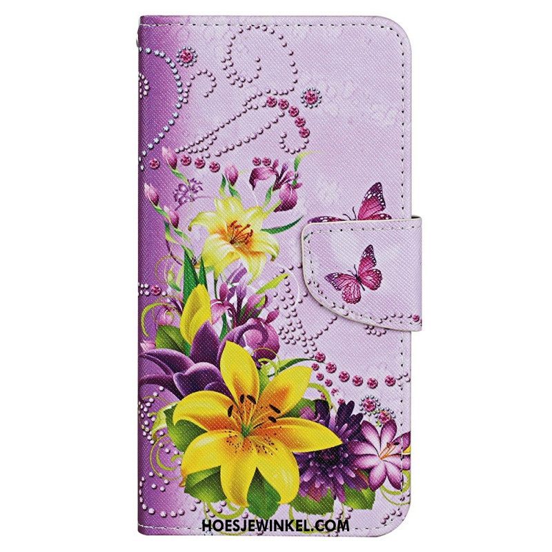 Folio-hoesje voor iPhone 15 Met Ketting Vlinders En Bloemen Met Riempje