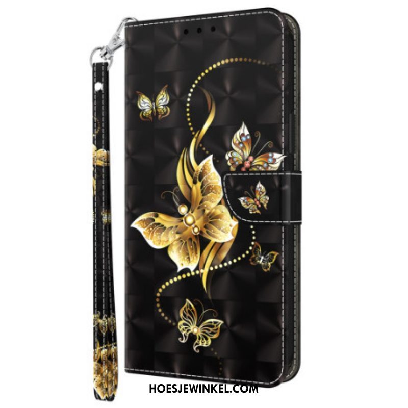 Folio-hoesje voor iPhone 15 Pro Met Ketting Gouden Vlinders Met Riem