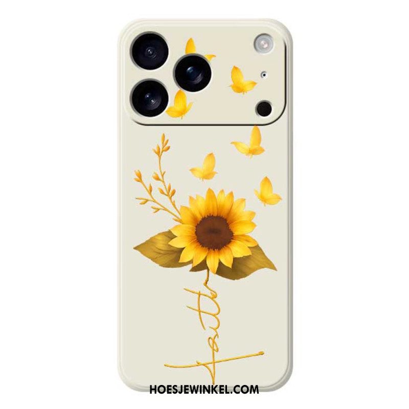 Hoesje iPhone 17 Pro Vloeibare Siliconen Met Zonnebloem En Vlinders Bescherming Hoesje