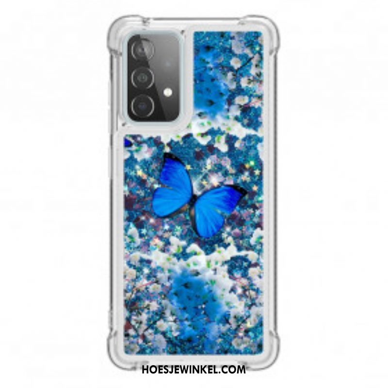 Hoesje voor Samsung Galaxy A52 4G / A52 5G / A52s 5G Glitter Blauwe Vlinders