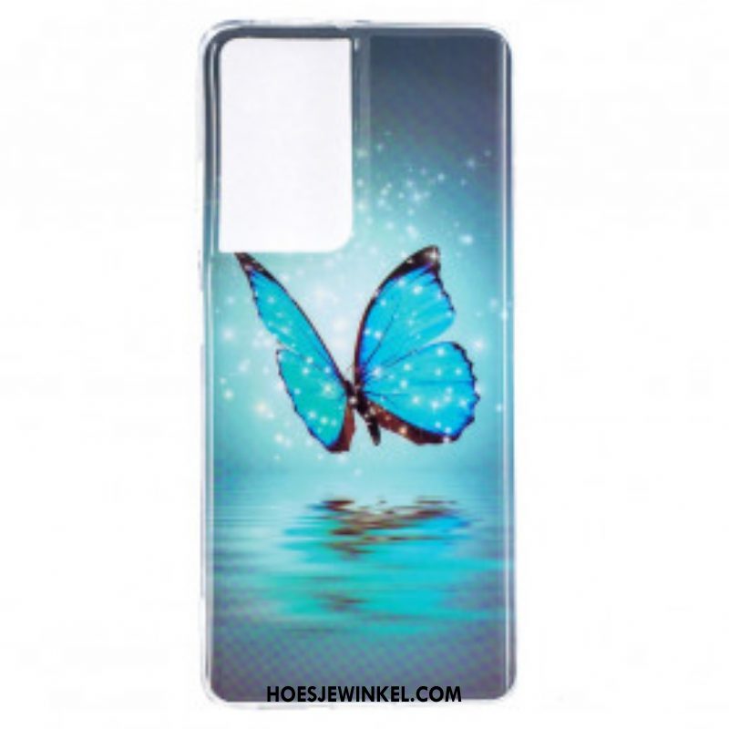 Hoesje voor Samsung Galaxy S21 Ultra 5G Fluorescerende Blauwe Vlinder