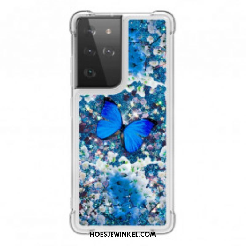 Hoesje voor Samsung Galaxy S21 Ultra 5G Glitter Blauwe Vlinders