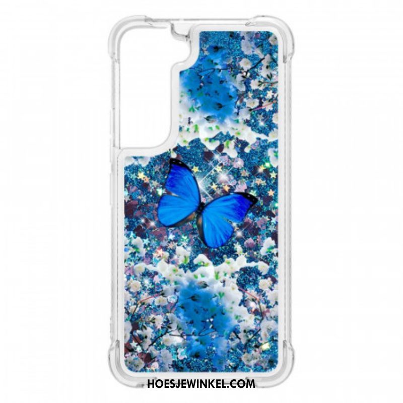 Hoesje voor Samsung Galaxy S22 5G Glitter Blauwe Vlinders