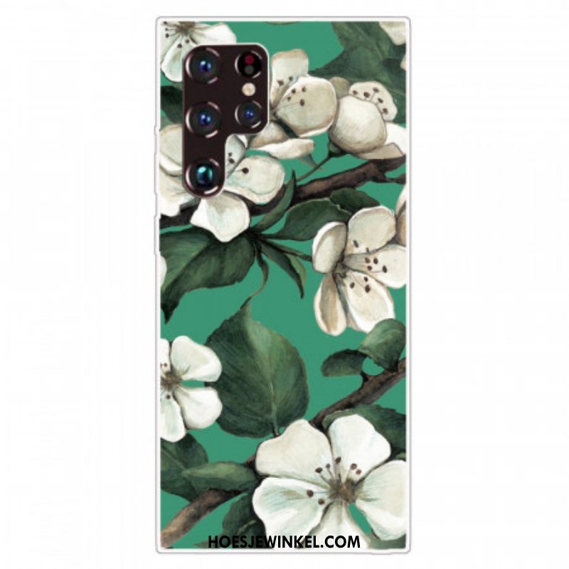 Hoesje voor Samsung Galaxy S22 Ultra 5G Geschilderde Witte Bloemen