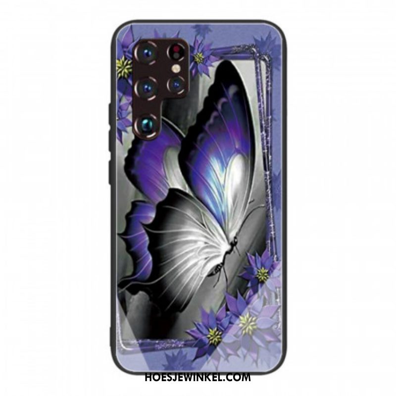 Hoesje voor Samsung Galaxy S22 Ultra 5G Paars Vlinder Gehard Glas