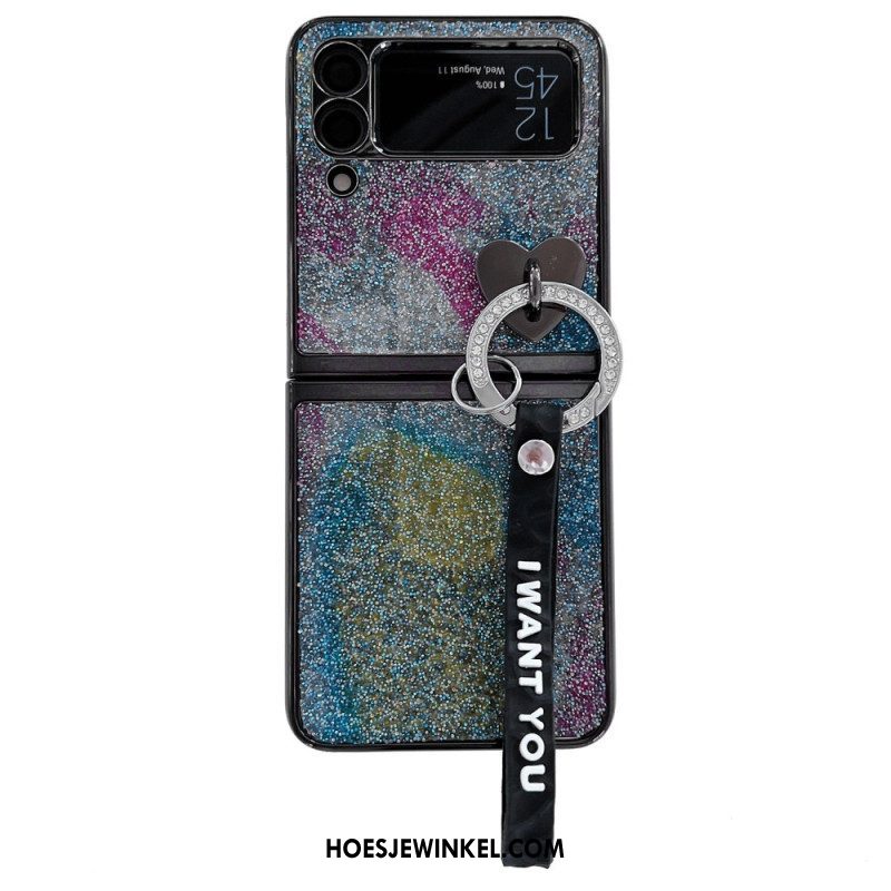 Hoesje voor Samsung Galaxy Z Flip 3 5G Folio-hoesje Pailletten Bedels En Lanyard