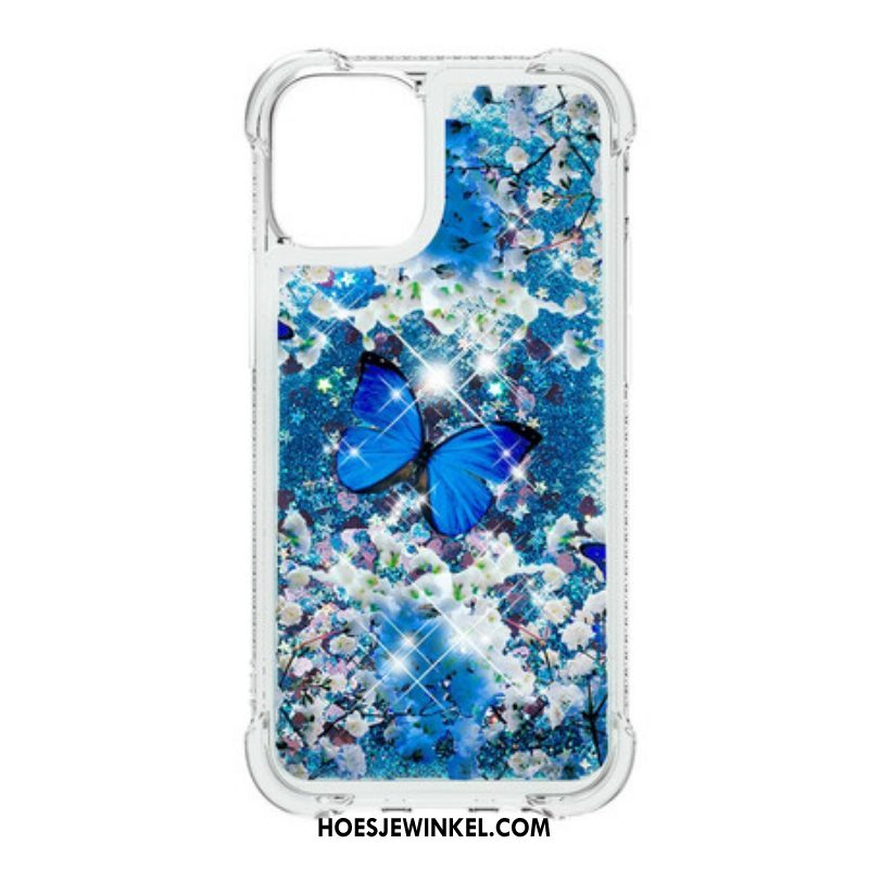 Hoesje voor iPhone 13 Pro Max Glitter Blauwe Vlinders