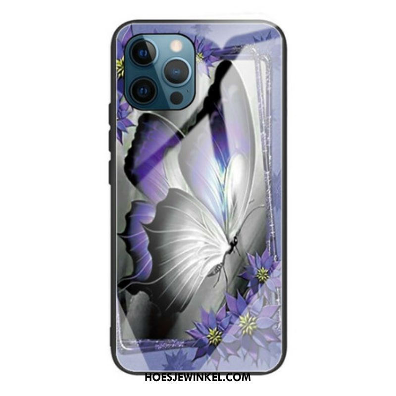 Hoesje voor iPhone 13 Pro Paars Vlinder Gehard Glas