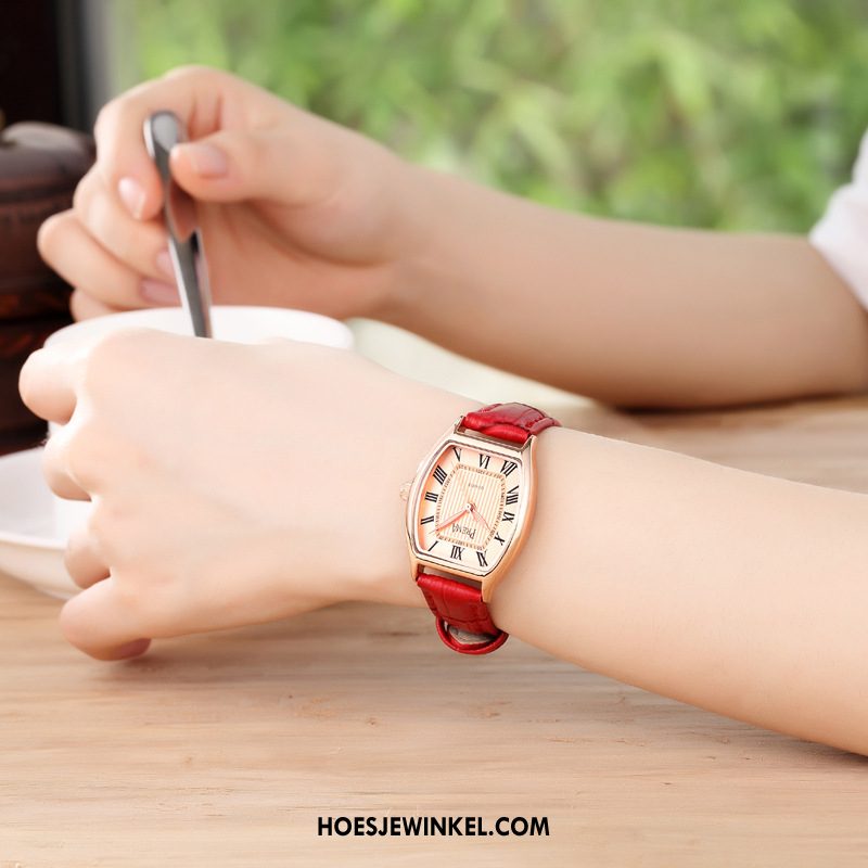 Horloges Dames Echt Leer Mode Quartz Horloge, Horloges Echte Mini Rot
