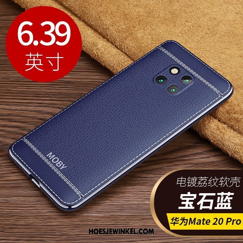 Huawei Mate 20 Pro Hoesje Hoes Elegante Trendy Merk, Huawei Mate 20 Pro Hoesje Blauw Leer
