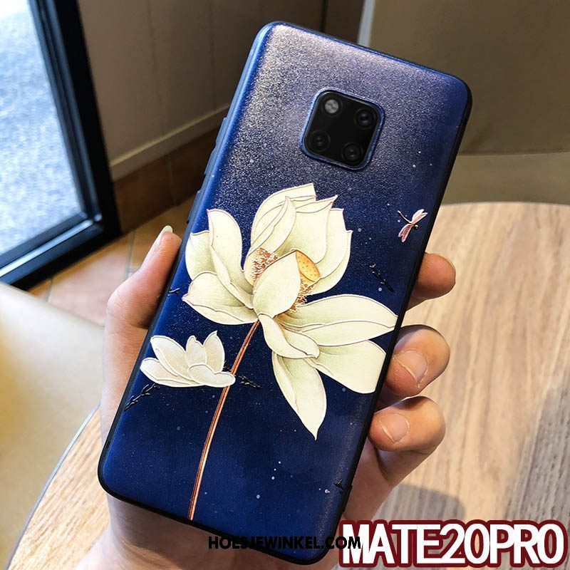 Huawei Mate 20 Pro Hoesje Reliëf Bloemen Blauw, Huawei Mate 20 Pro Hoesje Scheppend Siliconen