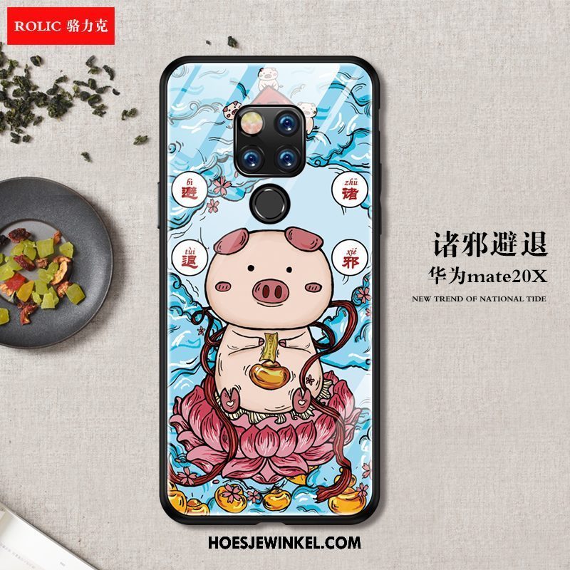 Huawei Mate 20 X Hoesje Chinese Stijl Glas Zacht, Huawei Mate 20 X Hoesje Mobiele Telefoon Blauw