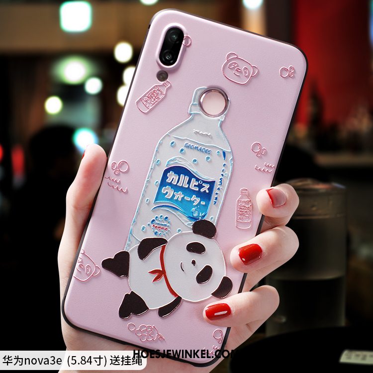 Huawei Nova 3e Hoesje Trendy Merk Roze Net Red, Huawei Nova 3e Hoesje Schrobben Siliconen