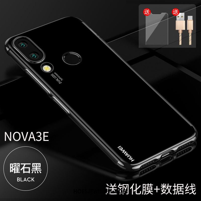 Huawei Nova 3e Hoesje Trendy Merk Siliconen Dun, Huawei Nova 3e Hoesje Zwart Doorzichtig