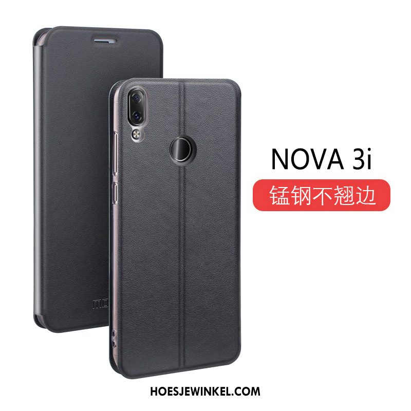 Huawei Nova 3i Hoesje Nieuw Leren Etui Trend, Huawei Nova 3i Hoesje Zwart Clamshell