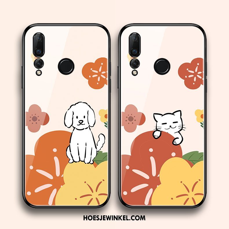 Huawei P Smart+ 2019 Hoesje Bloemen Wit Kat, Huawei P Smart+ 2019 Hoesje Hoes Mobiele Telefoon