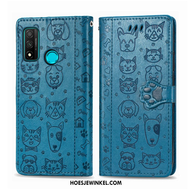 Huawei P Smart 2020 Hoesje Reliëf Kunstleer Kat, Huawei P Smart 2020 Hoesje Spotprent Blauw