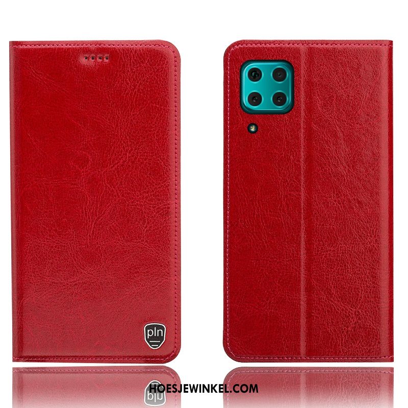 Huawei P40 Lite Hoesje Hoes Echt Leer Patroon, Huawei P40 Lite Hoesje Bescherming Rood