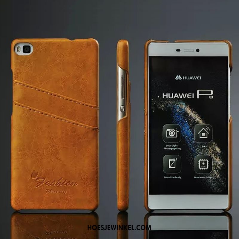 Huawei P8 Hoesje Bescherming Echt Leer Hoes, Huawei P8 Hoesje Oranje Leren Etui