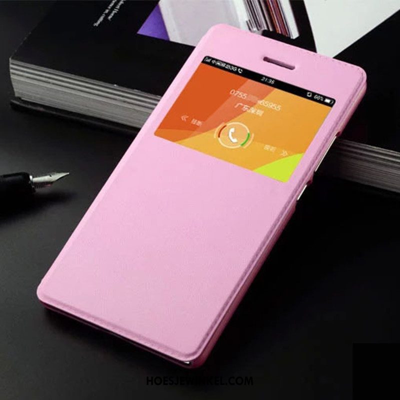 Huawei Y6 2018 Hoesje Mobiele Telefoon Leren Etui Open Het Venster, Huawei Y6 2018 Hoesje Roze Bescherming