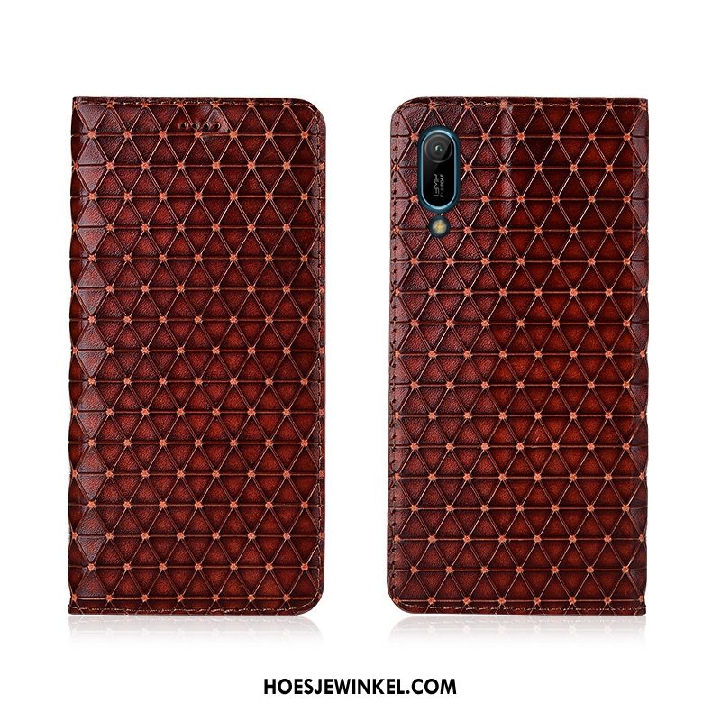 Huawei Y6 2019 Hoesje Anti-fall Zacht Siliconen, Huawei Y6 2019 Hoesje Echt Leer Leren Etui Braun