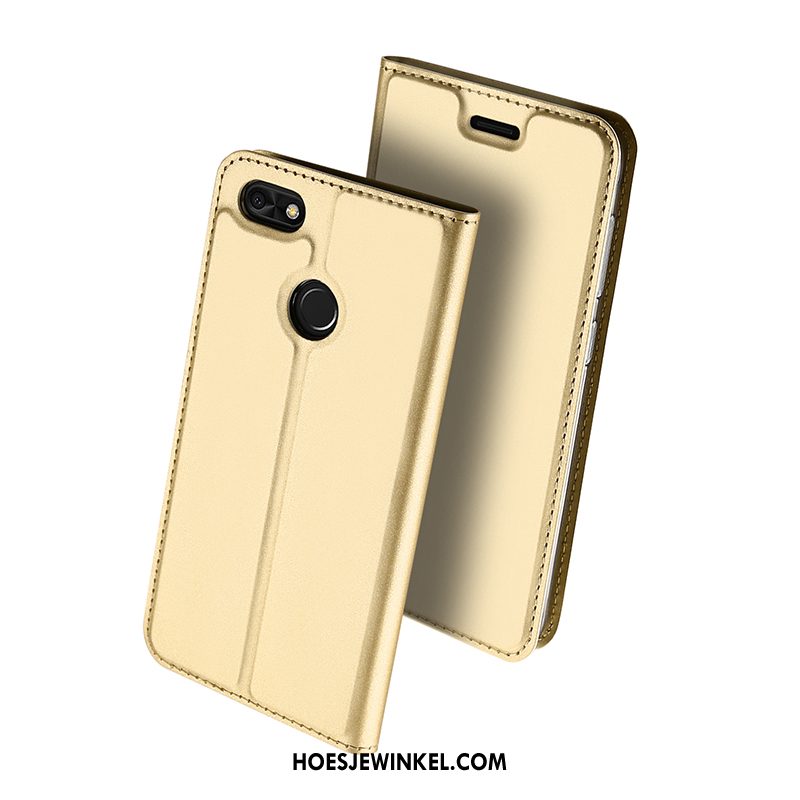 Huawei Y6 Pro 2017 Hoesje Dun Leren Etui Goud, Huawei Y6 Pro 2017 Hoesje Bescherming Hoes