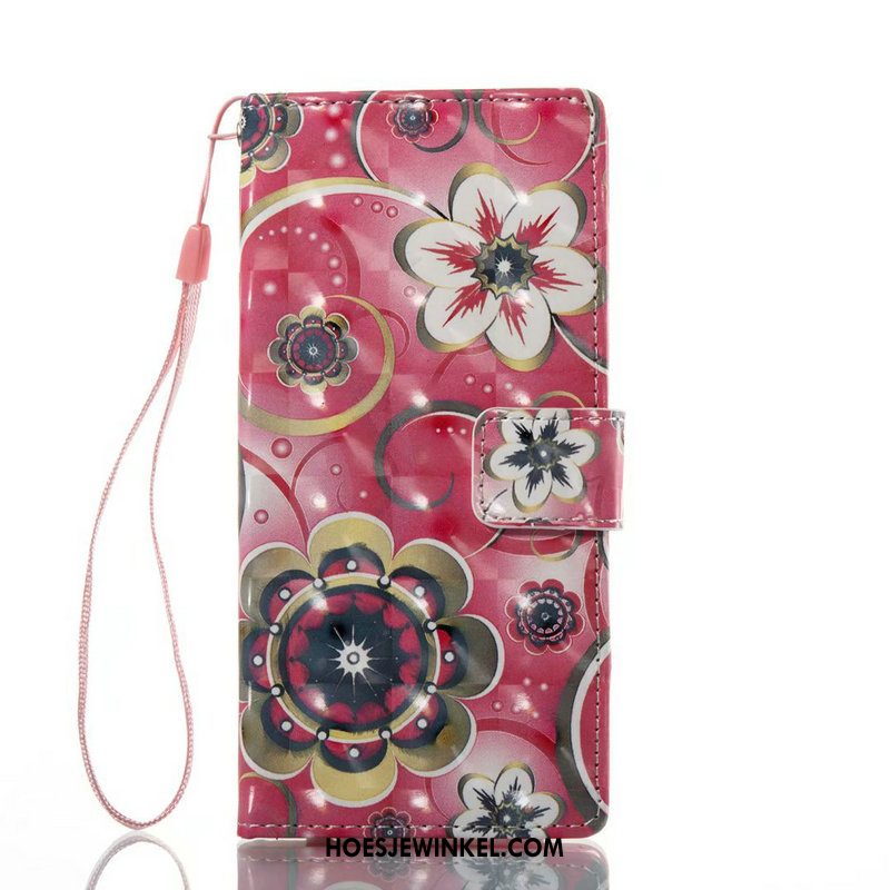 Huawei Y7 2018 Hoesje Leren Etui Roze Folio, Huawei Y7 2018 Hoesje Mobiele Telefoon Bloemen