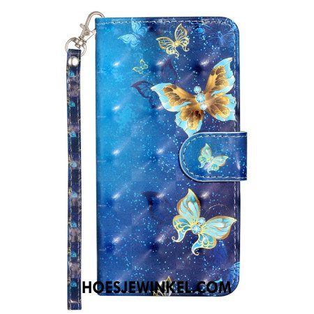 Leren Hoesje Samsung Galaxy S25 Fe Blauw-gouden Vlinders Met Koord