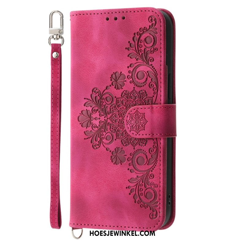 Leren Hoesje Samsung Galaxy S25 Plus 5g Bloemenpatroon En Bandjes Bescherming Hoesje