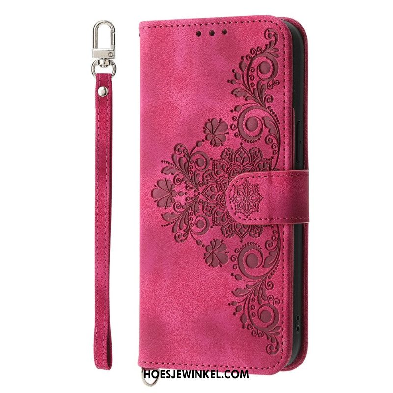 Leren Hoesje Samsung Galaxy S26 Bloemenpatroon Met Suède-effect En Bandjes Bescherming Hoesje