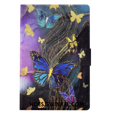 Leren Hoesje Samsung Galaxy Tab S11 Gouden En Kleurrijke Vlinders