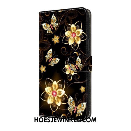 Leren Hoesje Voor Samsung Galaxy S25 Fe Gouden Bloemen En Vlinders