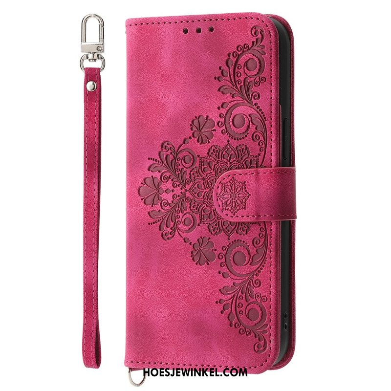 Leren Hoesje Voor Samsung Galaxy S25 Fe Kantprint Met Bandje En Schouderband