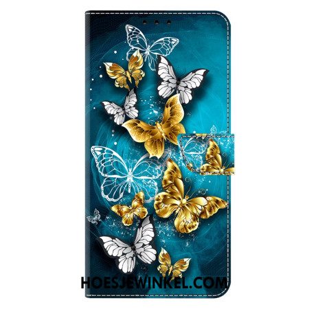 Leren Hoesje Voor Samsung Galaxy S26 Plus Gouden Vlinder Op Groen