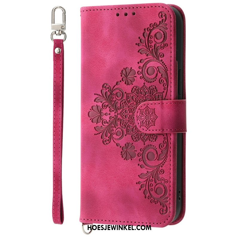 Leren Hoesje Voor Xiaomi 15 Pro Suède-effect Bloemenpatroon Met Bandje En Schouderriem