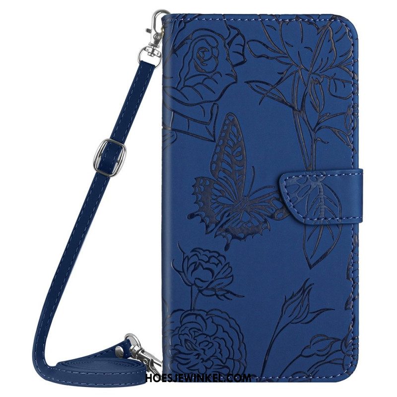 Leren Hoesje Voor Xiaomi Redmi Note 14 4g Schouderband Met Vlinderprint