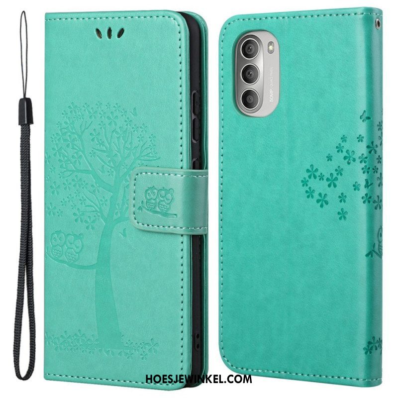 Leren Hoesje voor Moto G51 5G Met Ketting String Boom En Uilen