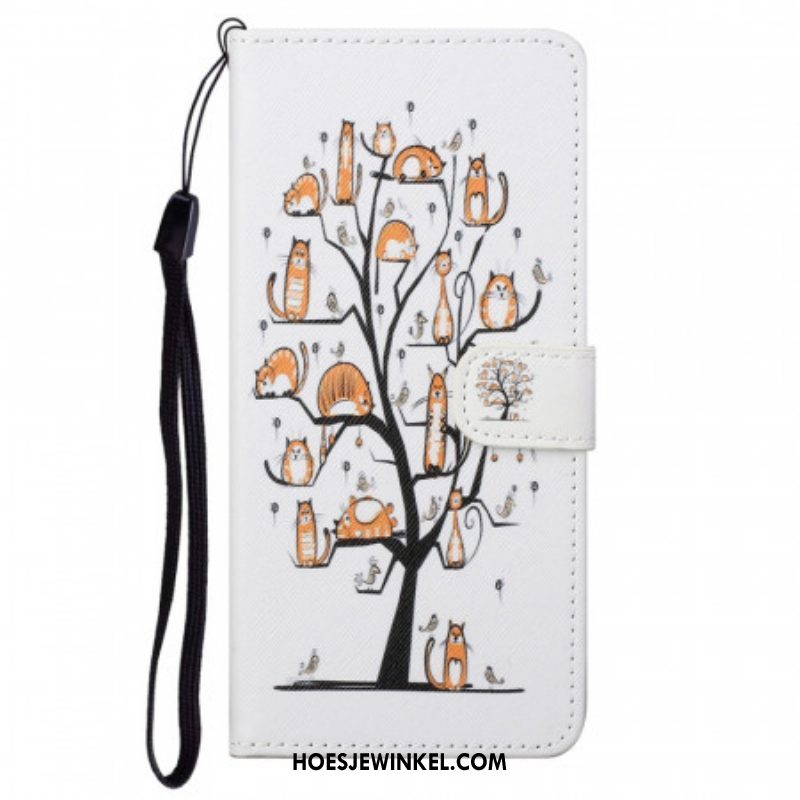 Leren Hoesje voor Moto G71 5G Met Ketting Funky Cats Met Riem