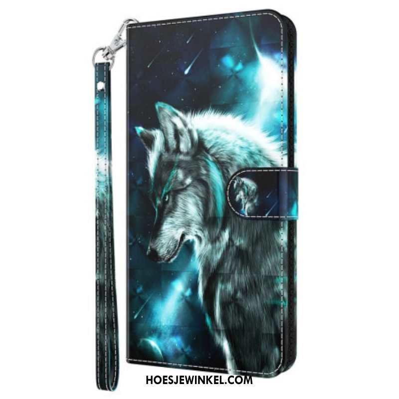 Leren Hoesje voor Oppo A54 5G / A74 5G Met Ketting Lanyard Wolf