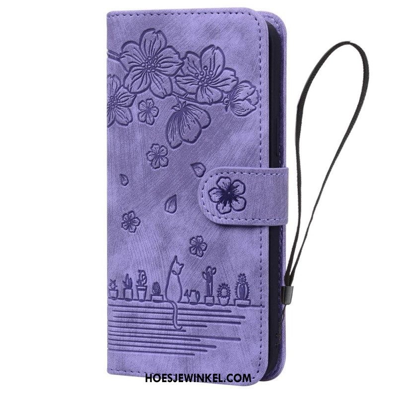 Leren Hoesje voor Samsung Galaxy A14 / A14 5G Met Ketting Bloemen String Kat