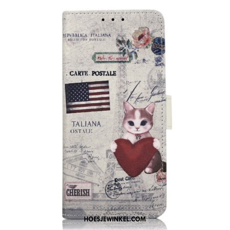 Leren Hoesje voor Samsung Galaxy A14 / A14 5G Reiziger Kat