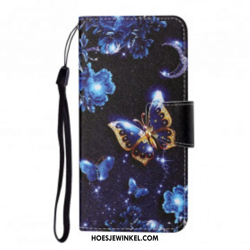 Leren Hoesje voor Samsung Galaxy M12 / A12 Met Ketting Kostbare Stringvlinders