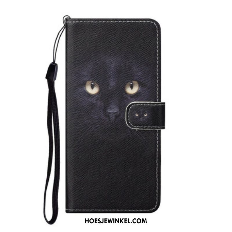 Leren Hoesje voor Samsung Galaxy S21 FE Met Ketting Strappy Zwarte Kattenogen