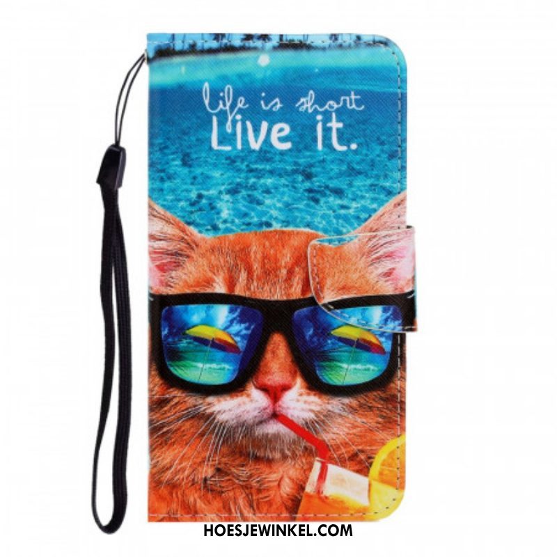 Leren Hoesje voor Samsung Galaxy S22 Ultra 5G Met Ketting Kat Live It Strappy