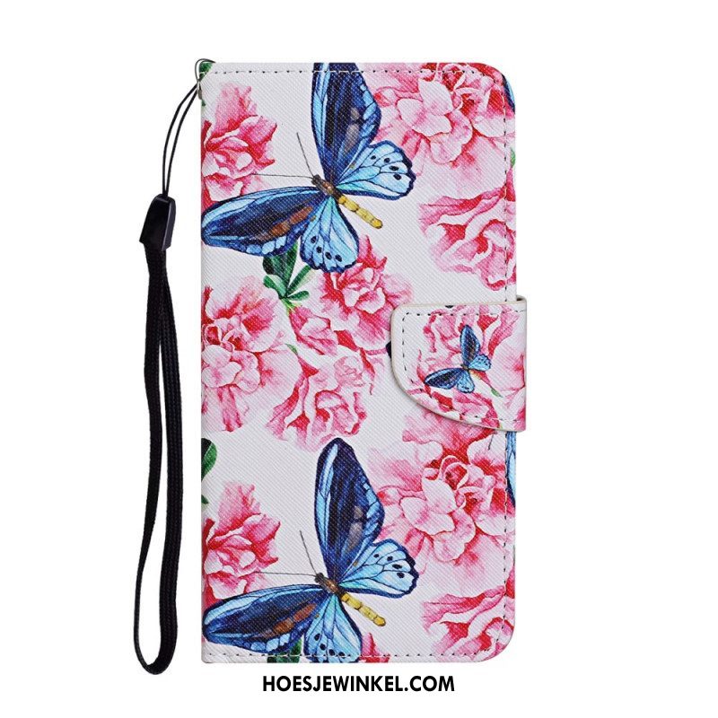 Leren Hoesje voor Samsung Galaxy S22 Ultra 5G Vlinders Floral Lanyard