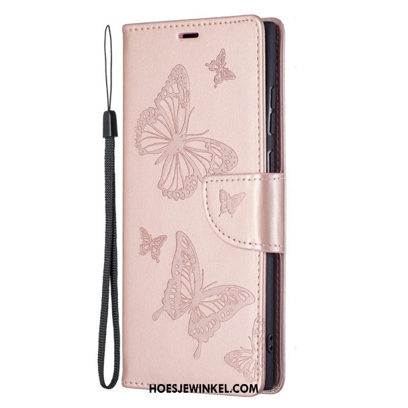 Leren Hoesje voor Samsung Galaxy S22 Ultra 5G Vlinders Tijdens De Vlucht Met Lanyard